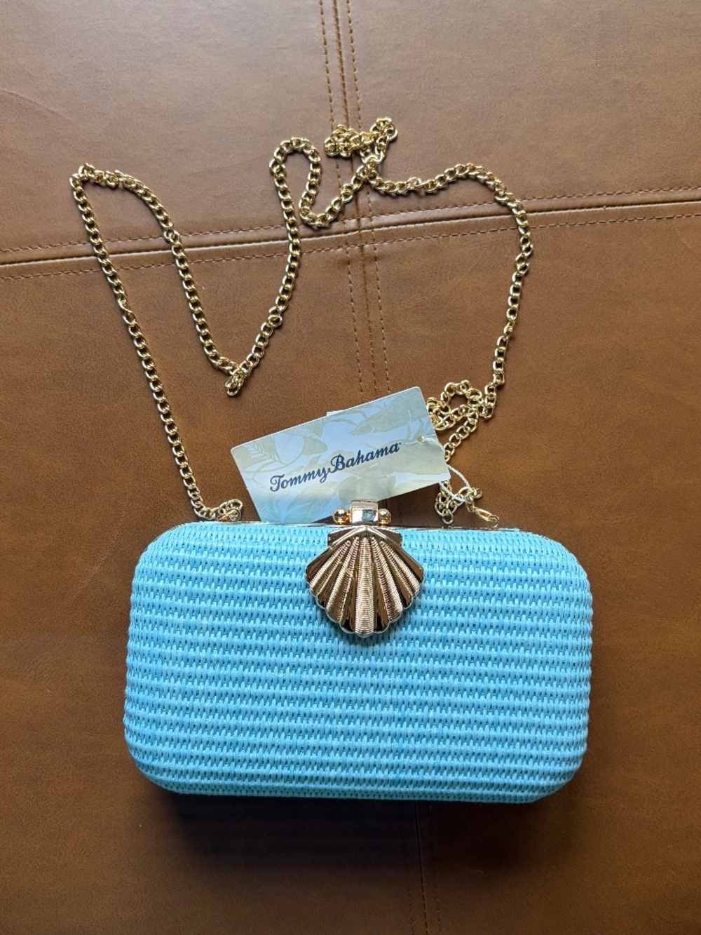 NWT Tommy Bahama Sky Blue Woven Raffia Shell Clutch 🌊🐚 Bridal Coastal Purse